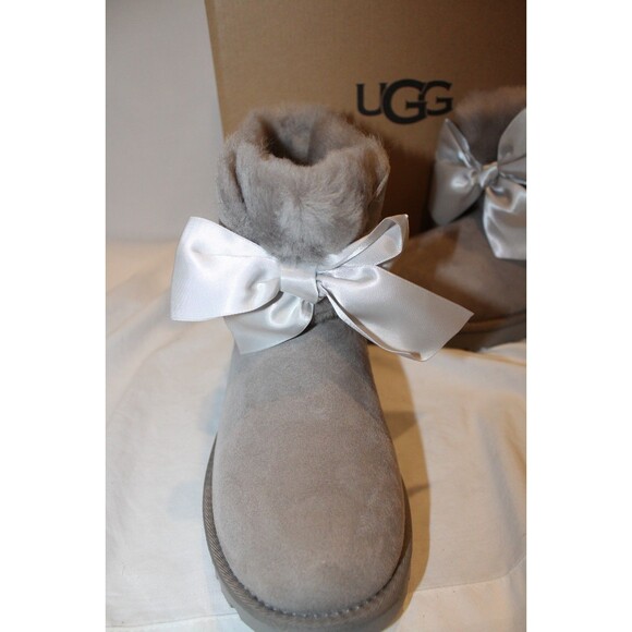UGG Women's Gita Satin Bow Suede Shearling Mini Boots NIB Gray Sz 7 - Picture 5 of 8